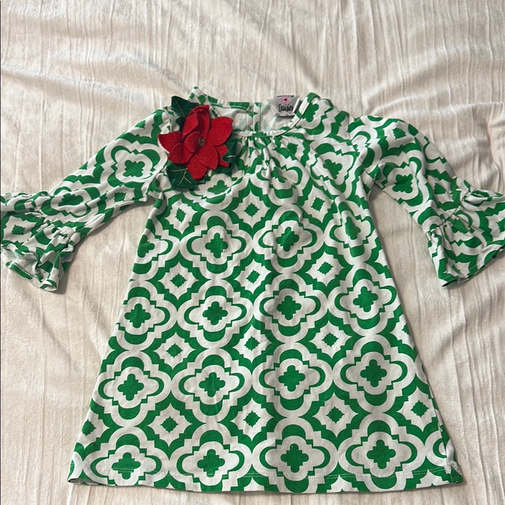 Green and White Kids Dress with Floral Accent